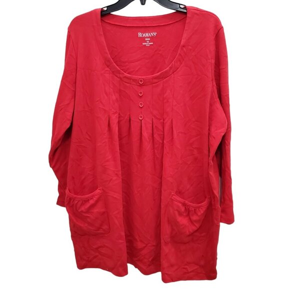 Roaman's Woman's Red Soft Jersey Knit Pleated LS Pocket Tunic Plus Size 1X 22/24 - Picture 1 of 6